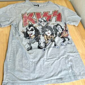 KISS Cartoon Graphic Light Gray Intentional White Splotches Band Tee Size M